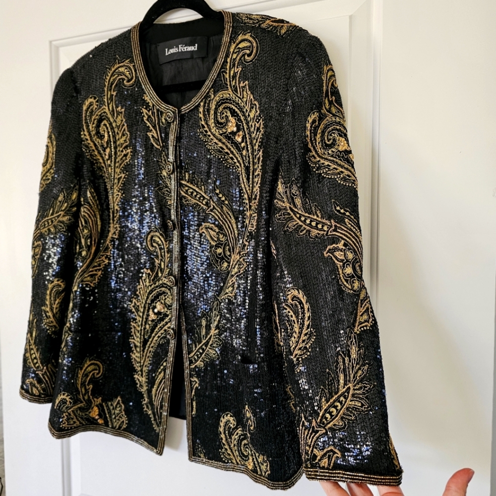 LOUIS FERAUD 90's Sequin Beaded Jacket Long-sleeve Embroidered Black Gold Sz 14